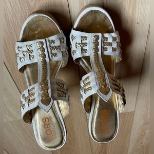 Michael Kors White and Gold Braided T-Strap Heeled Slides